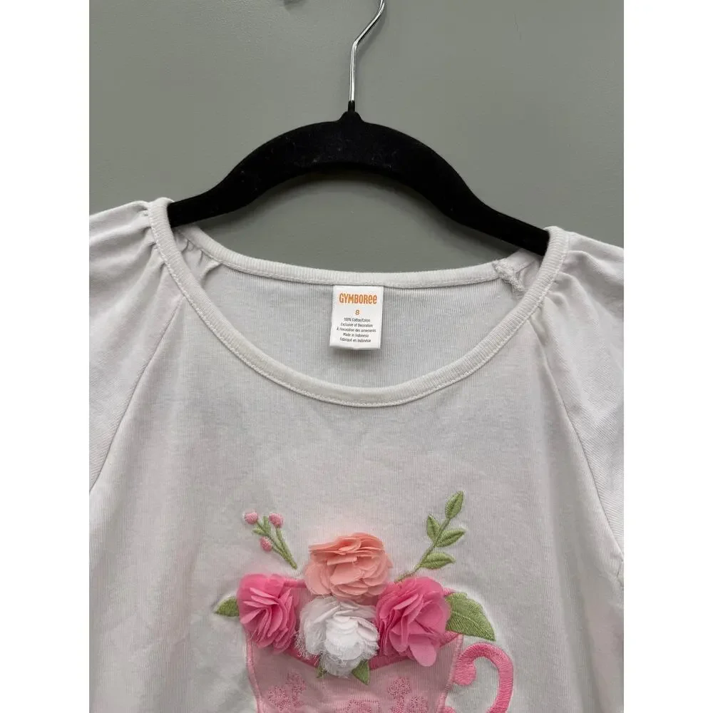 Gymboree Girls Floral Teacup Appliqué Top Size 8 Cottagecore Pink Rosette Tee